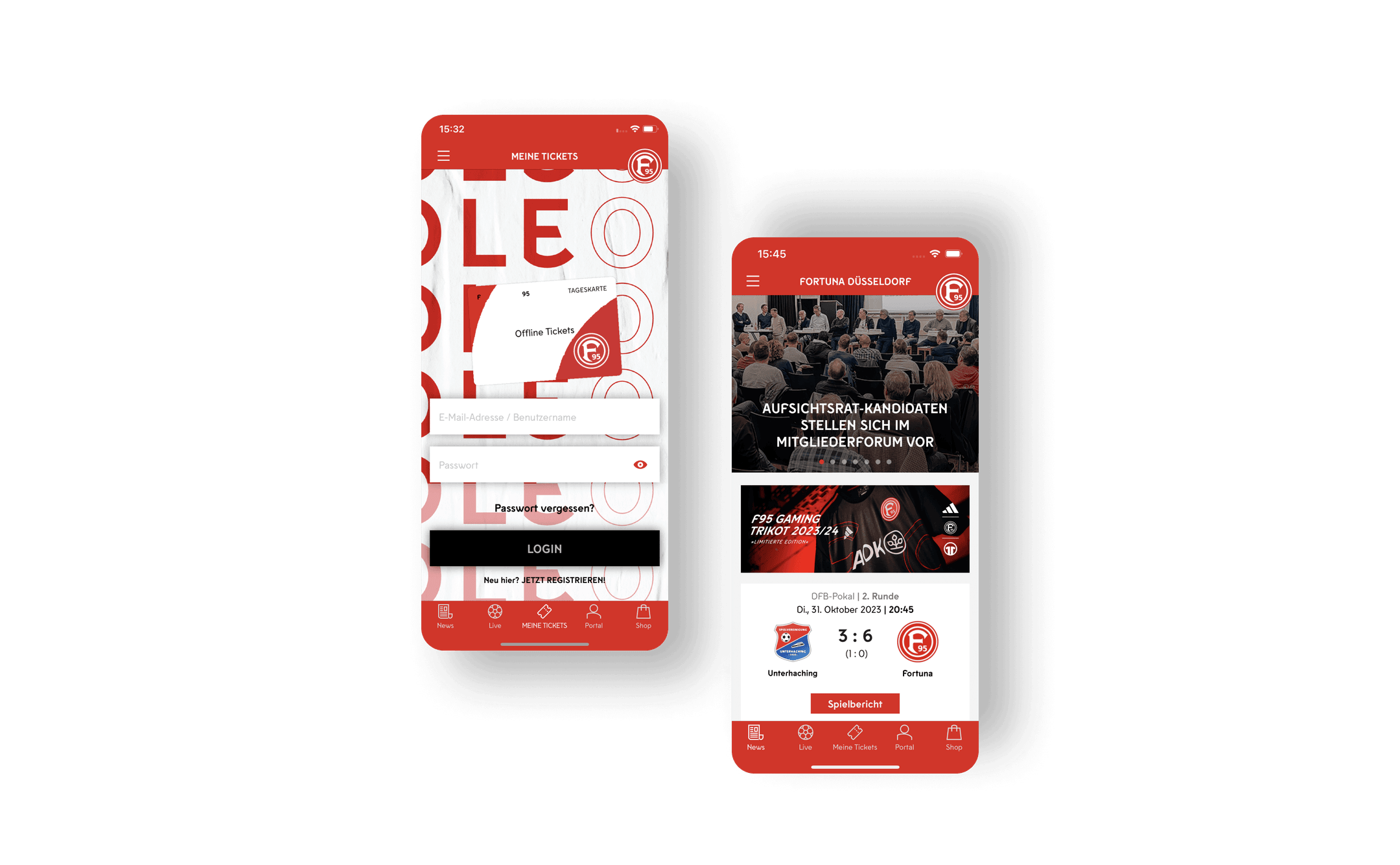 Die ersten beiden Screens der App stellen den Login dar sowie auch die Startseite, auf der die neusten Trikots und Spielberichte dargestellt sind.