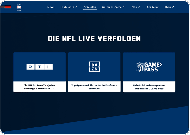 Übersicht der Streaming- und TV-Angebote zur Live-Verfolgung der NFL auf der NFL-Germany-Plattform